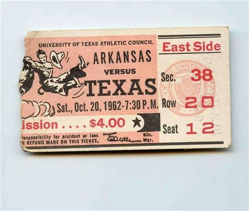1962 University of Arkansas vs Texas Flash Card Section Ticket Stub Austin