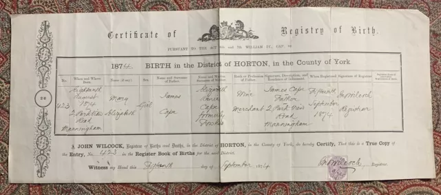 1874 Birth Certificate Mary Cape Manningham Yorkshire