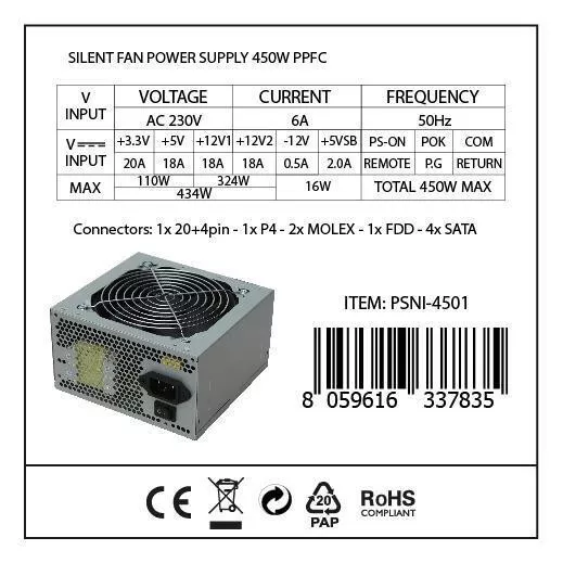 Nilox Alimentatore ATX 450W Silezioso con ventola 120mm - connettori sata molex