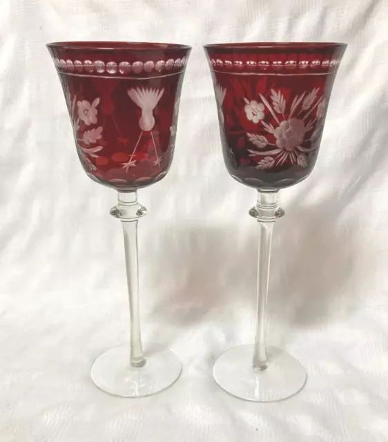 2 Ruby glass wine glass Bohemian ? Czech hand cased glass cut to clear  25 cm H