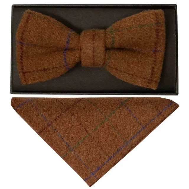 Cravatta con fiocco in tweed marrone chiaro fatta a mano marrone chiaro e fiocco in tweed quadrato tasca
