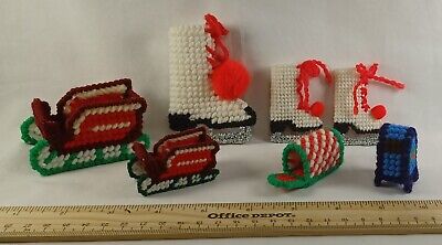 Vintage Christmas Ornament LOT/7 Plastic Canvas Yarn / Knit Crochet Hand Craft