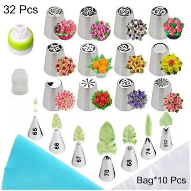 Russian Piping Tips 32pcs Baking Supplies Set Cake Decorating Tips for Cupcake