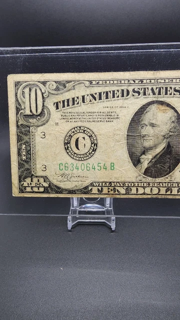1934-C Ten Dollar Bill $10 Green Seal OFF CENTER Federal Reserve Note Currency 3