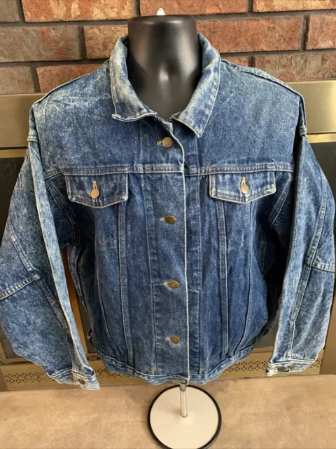 Vintage Stone Wash Denim Blue Jean Trucker Hipster Jacket Coat Mens Sz Large VTG