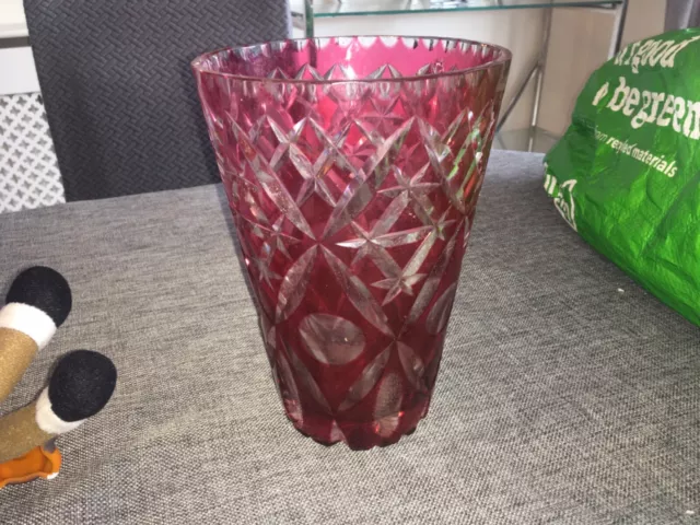 Large Cranberry Red Glass Vase 8" Tall Vintage