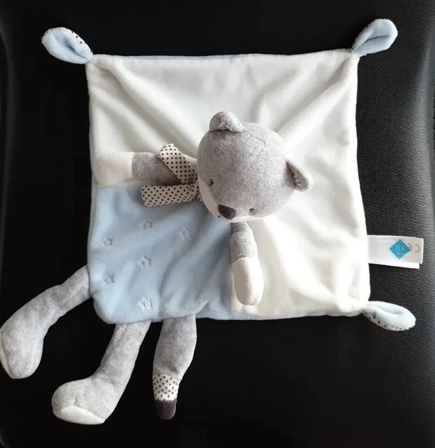 Doudou plat renard TEX BABY Carrefour blanc bleu gris écharpe pois étoiles