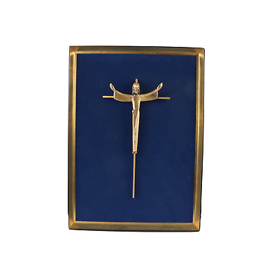 Vintage 70s Mid Century Modern MCM Velvet Backed Brass Jesus Cross Hanging Frame