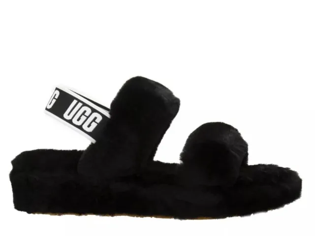 UGG Women's Fluff Oh Yeah Logo Lamb Fur Slide US 10 Black Org $110