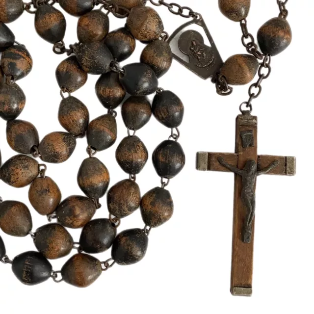 Rosary Vintage Crucifix Brown TwoTone Sacred Heart Seed/Wd  Bead Catholic 29" L