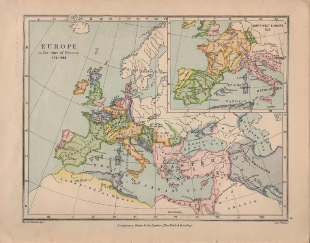 1899 Victorian Historical Map ~ Europe In The Time Of Odoacer 476 - 493