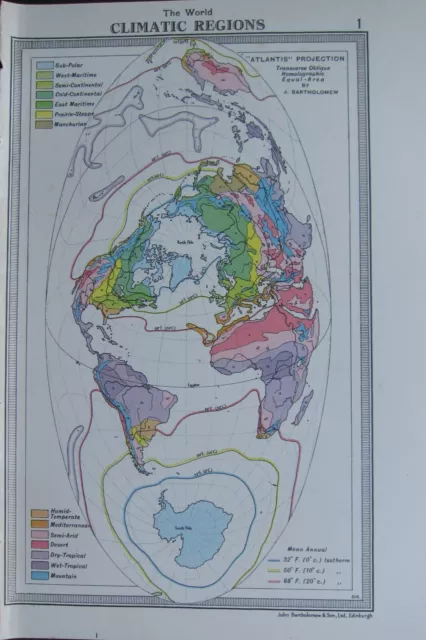 1954 Map ~ The World Climatic Regions Atlantis Projection Mountain Sub-Polar