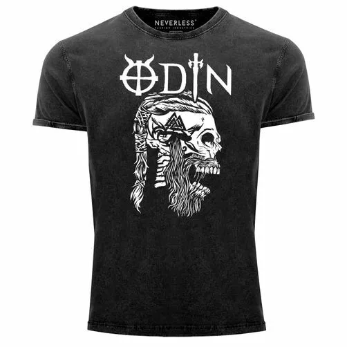 Herren Vintage Shirt Odin Totenkopf Bart Nordische Mythologie Ragnar Lodbrok