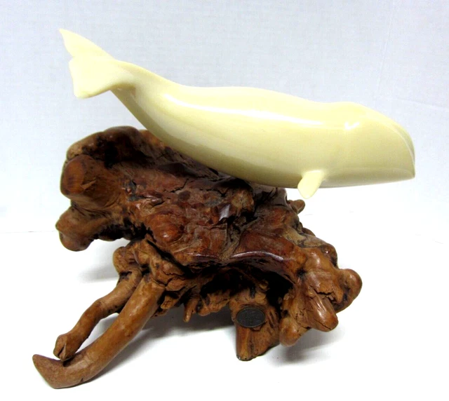 Vtg John Perry White Whale Sculpture Figurine Coastal Nautical Art Burl Wood