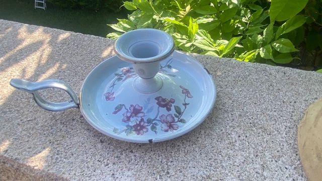 Bougeoir tole émaillée décor fleurs - Décoration