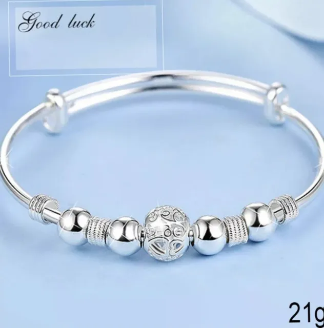 925 Sterling Silver Beaded Bangle Charm Bracelet Womens Ladies Jewellery Gift 3