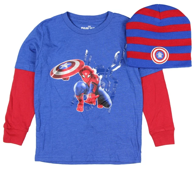 Marvel Boys' Spiderman Shield Long Sleeve T-Shirts/Beanie Combo: XS-XL