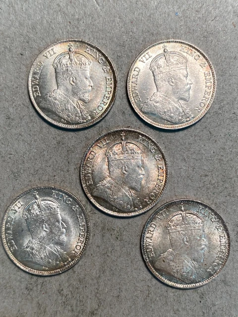 1902 Hong Kong Silver 10 Cents - Lot of 5 - Ch to Gem BU
