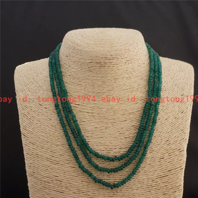Echte 3-Reihen 2x4mm Facettierte Grüne Jade Edelsteine Perlen Halskette 17-19"