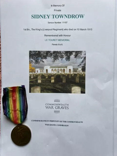 WW1 Medal Towndrow Kings Liverpool Regiment KIA Casualty Givenchy Liverpool Man