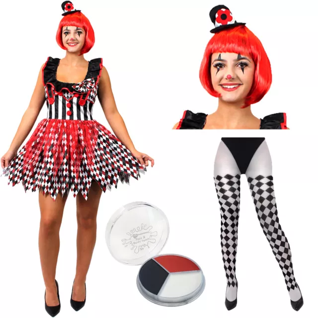 Ladies Killer Clown Costume Harlequin Wig Tights Facepaint Halloween Fancy Dress