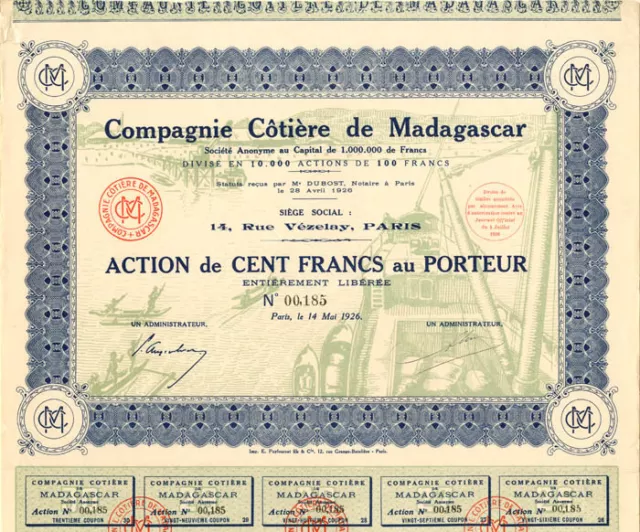 Compagnie Cotiere de Madagascar - Stock Certificate - Foreign Stocks