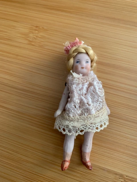 Antique German Hertwig (?) Miniature 3” All Bisque Dollhouse Doll