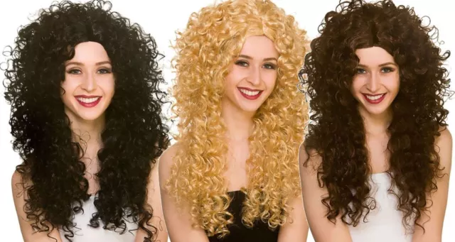 Adult 1980s Eighties LONG CURLY WIG Fancy Dress Halloween Disco Perm Boogie Wild