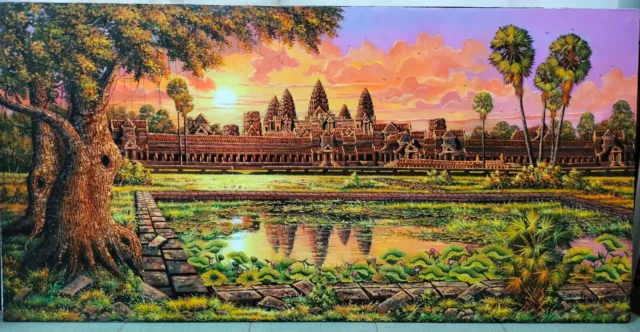 Angkor Wat Temple Oil Painting Signed 100cm x 200cm