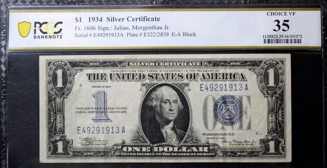 $1 1934  Silver Certificate Fr 1606 PCGS 35 CHOICE VERY FINE GRADED FUNNY BACK