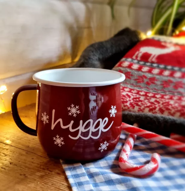 Red curved enamel "Hygge" Christmas snowflake mug, handmade