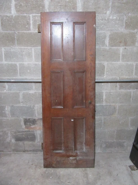 ~ ANTIQUE OAK 6 PANEL DOOR WITH HARDWARE Z ~ 28 x 81.75 ARCHITECTURAL SALVAGE