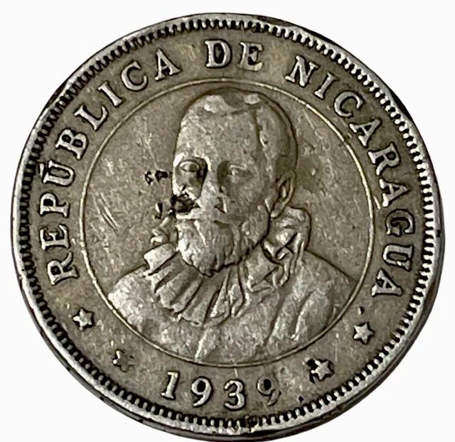 1939 Nicaragua 50 Centavos World Coin KM# 19.1 Lot A5-296 1st Year Type Sun