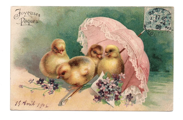 Cartolina Pasqua. Pulcini IN Posizioni Umani. Ombrello