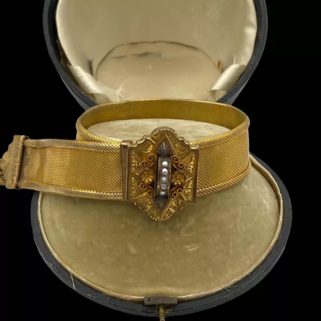 Antico Vintage Nouveau 14k Gold Filled Gf Etrusco X Perla Slider Bracciale 43.1g