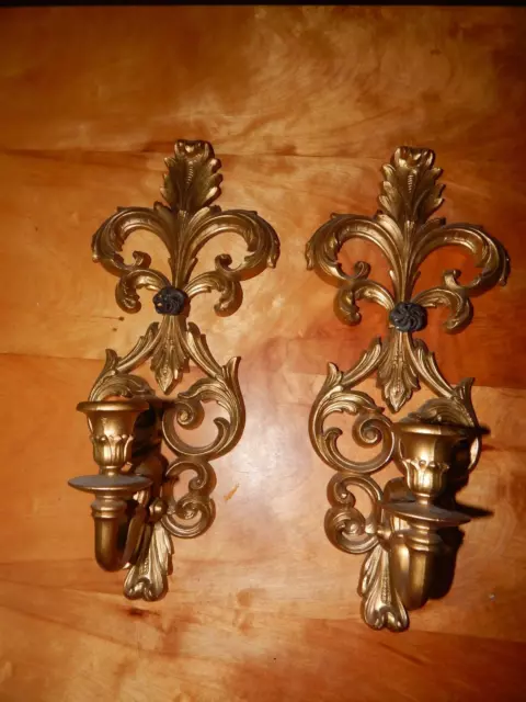 Pair of Vintage Burwood Ornate Gold Scroll Wall Sconces Candle Holders w/ Metal