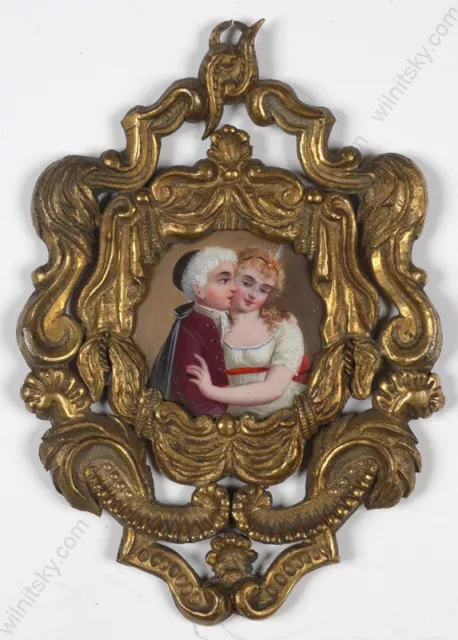 "Young Abbe with a Girl", French Enamel Miniature, 19th Century