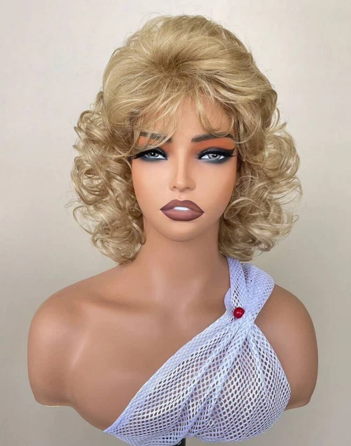 Perruque Synthétique Courte Et Bouclée Style Pixie - Blond Doré Avec Frange - Bonnet Inclus