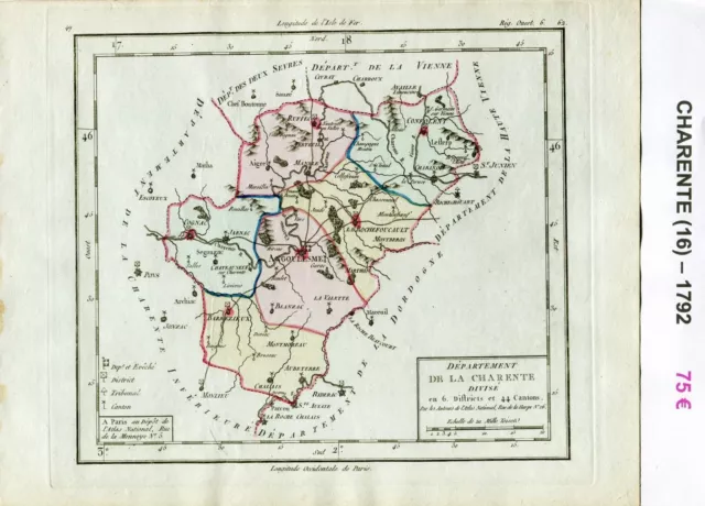 Dépt 16 - XVIII ème Carte de Charente Superbe Gravure Cuivre Aquarellée de 1792