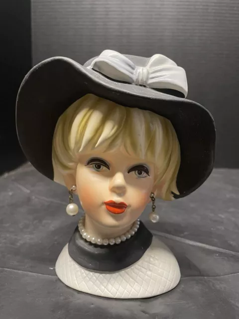 Vintage Lady Head Vase Napcoware C7494 Blonde Hair Black Hat