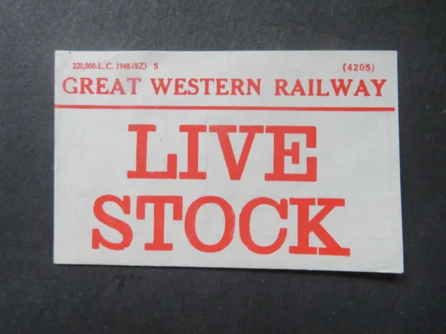 Vintage Unused GWR Live Stock Luggage Label