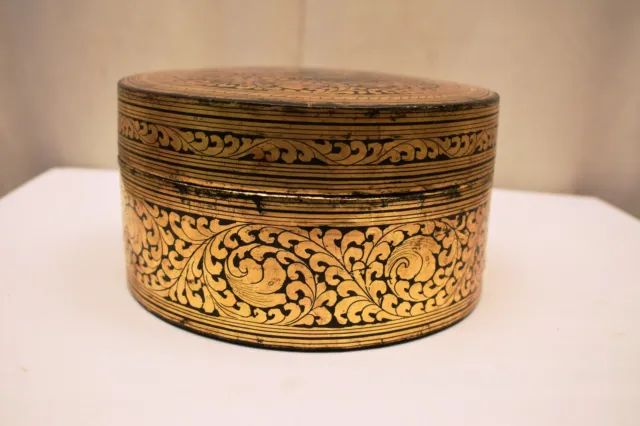 Antique Burmese Betel Nut Box Gilt Lacquerware Myanmar Floral Gold Painted Old"3 5