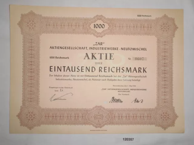 1000 RM Aktie "ZAR" AG Industriewerke Neutomischel 1. Mai 1943 (120357)