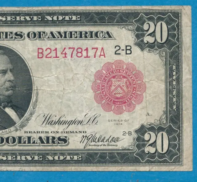 $20.  1914 Fr.953-B New York District Red  Seal Federal Reserve Note  Vf