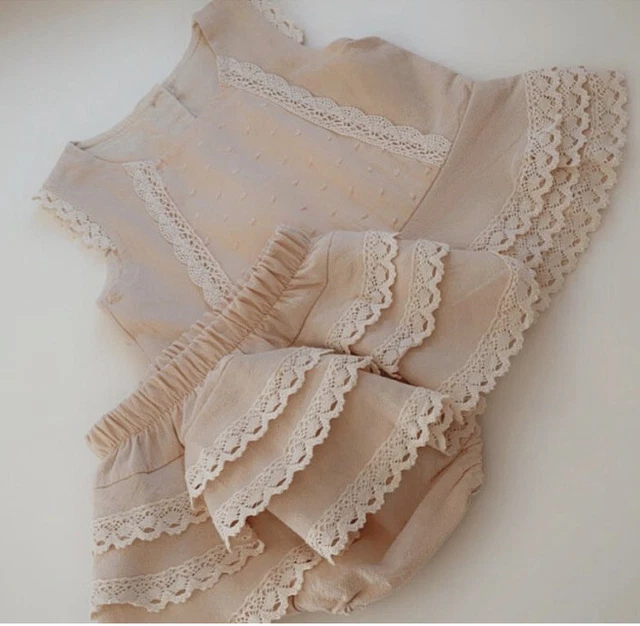 Baby Girl Beige Nude Frill Linen Set Size 12 months