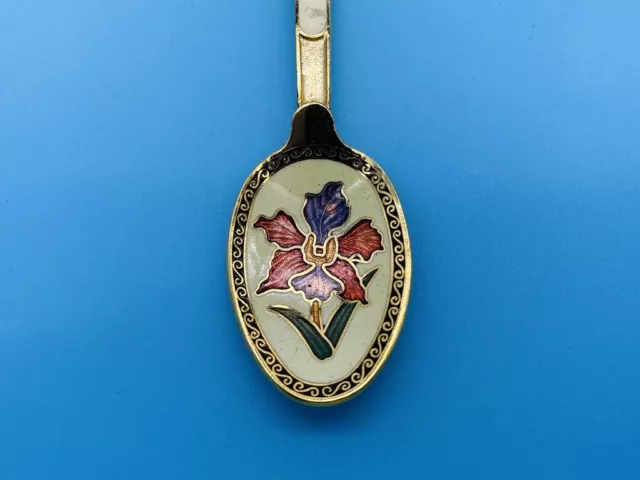 Vintage 5.25" Gold Plated Souvenir Spoon Singapore Enamel Bowl Flower Iris