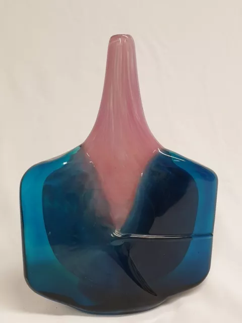 Mdina Art Glass Vase Deep Sea Blue Pink Fish Axe Head Design