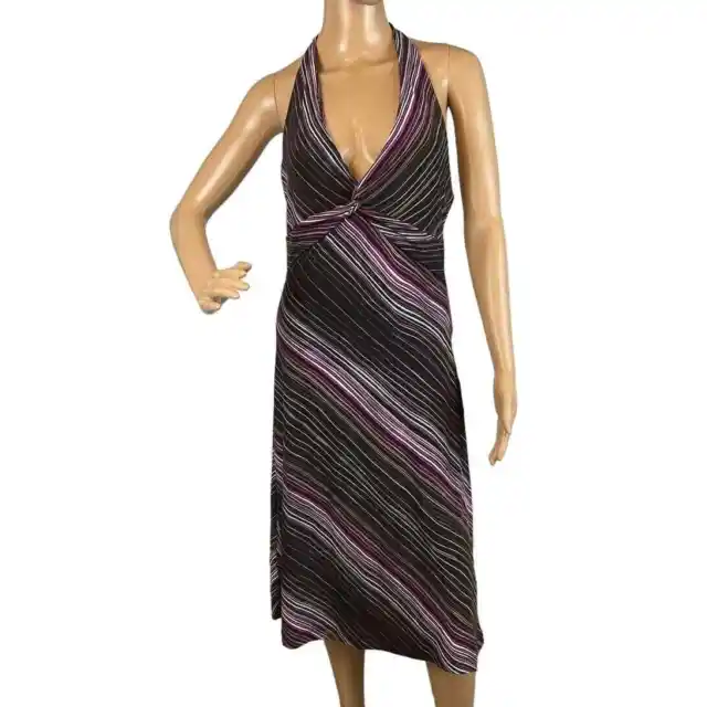BCBGMaxazria Womens Midi Lenght Halter Dress Tie Neck Raisin Stripe Size L NWT