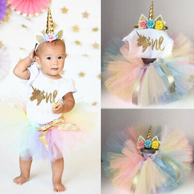 Toddler Baby Girls 1st Birthday Tutu Dress Outfit Romper + Dress +Headband 3PCS