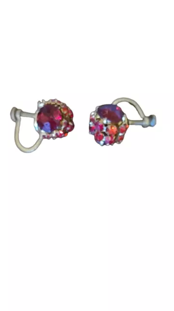 Vintage Gold Tone And Ruby Red Glass Stones Screwback Earrings Czechoslov
